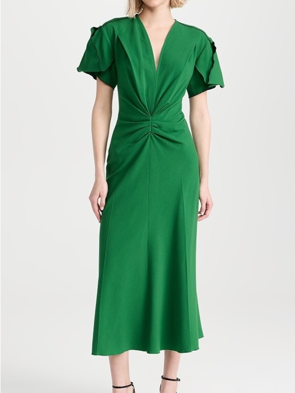 Victoria Beckham Gathered V-Neck Green Midi Dress